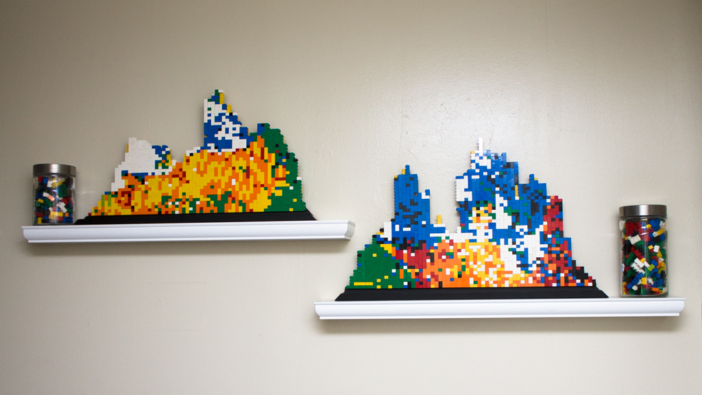 LEGO bricks forming an abstract mountain rage